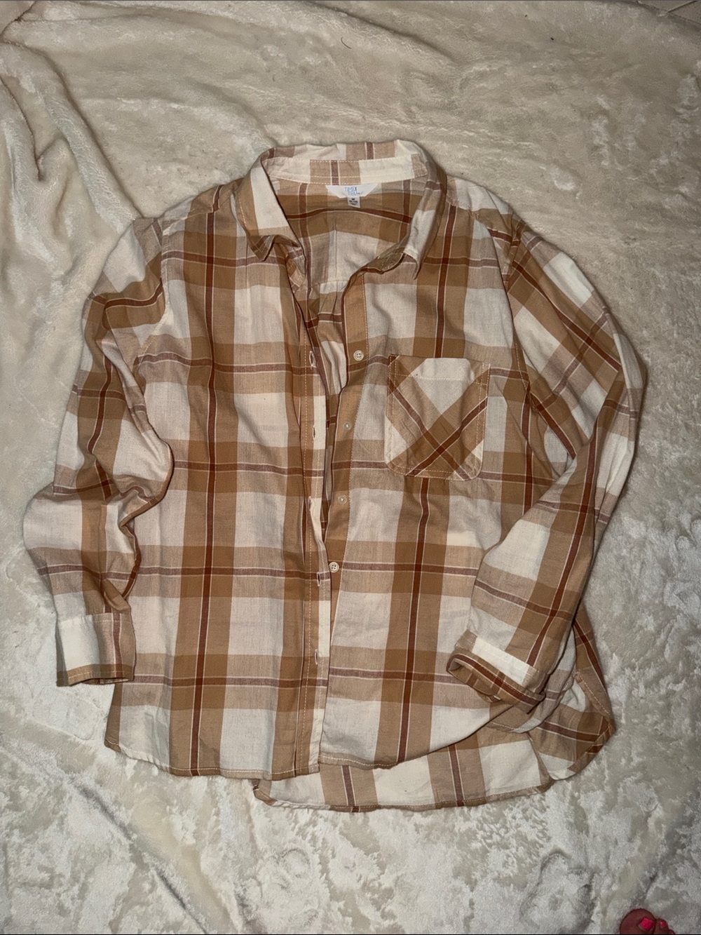 Time and Tru Cream and Brown Plaid Button-Down Shirt